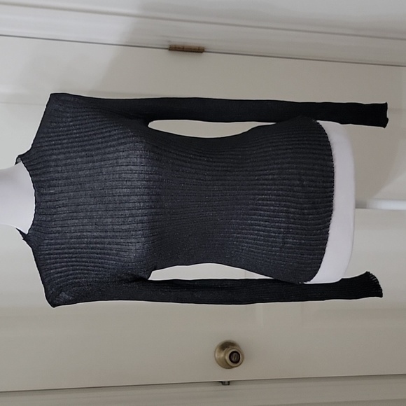 Rita Ora Size L Pewter Gray Metallic Ribbed Semi Sheer Mock Neck Top, EUC - Picture 1 of 11